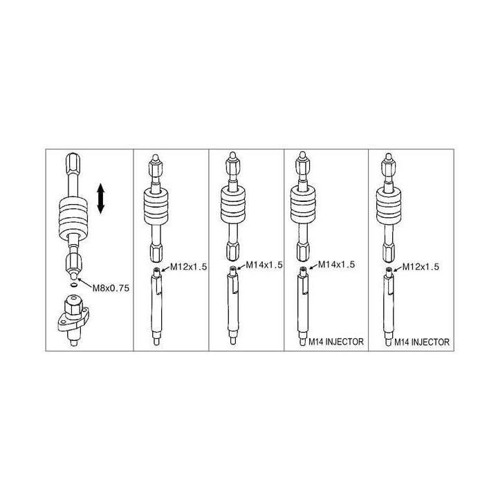 Extractor de inyectores diésel Bosch y Lucas con martillo deslizante y adaptadores M8-M12-M14