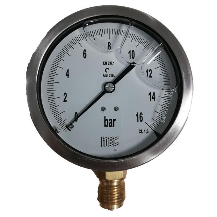 Manómetro hidráulico de 100 mm para medición de presión de 0 a 16 bares