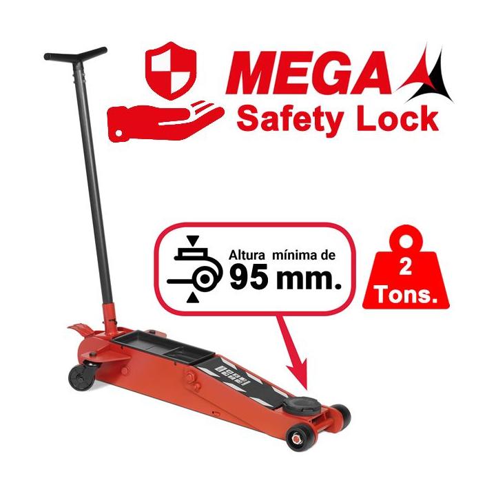 Gato de carretilla MEGA de 2 toneladas BAJO 95 mm. Mecanismo Safety Lock