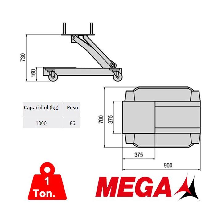 Mesa rodante hidráulica MEGA GCB-2 1 tonelada para cajas de cambio y motores