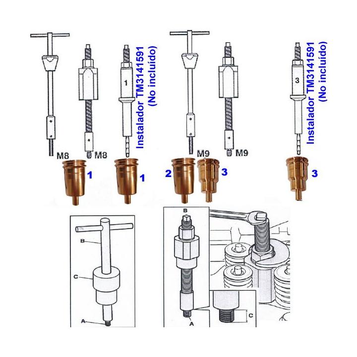 Extractor de camisas de cobre para inyectores Volvo y Renault Euro 5 con machos M8 y M9
