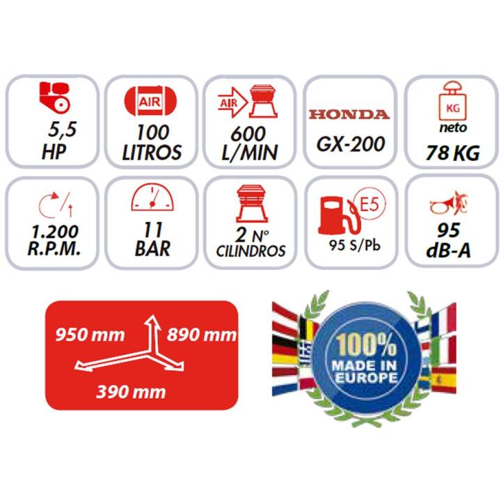 compresor aire gasolina, compresor STRADE 65-100, compresor HONDA GX200, compresor doble etapa, compresor profesional 100L, comp