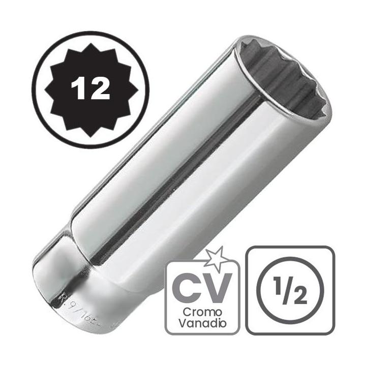 Vasos LARGOS de 1/2", 12 caras. Acero CRV