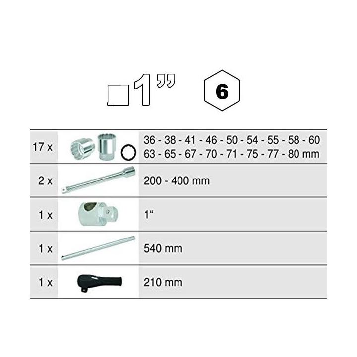 Juego de autoclé carraca con vasos de 6 caras y 1"