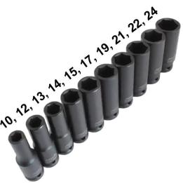 Juego de llaves de vaso impacto 1/2" largos. 10 piezas (10-24 mm)