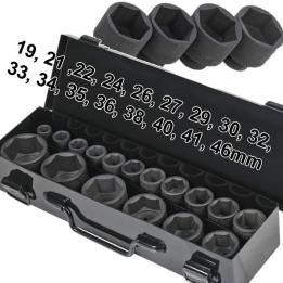 Juego de vasos de impacto cortos 1” DR – 6 caras, 8 piezas (27-50 mm) con maletín metálico
