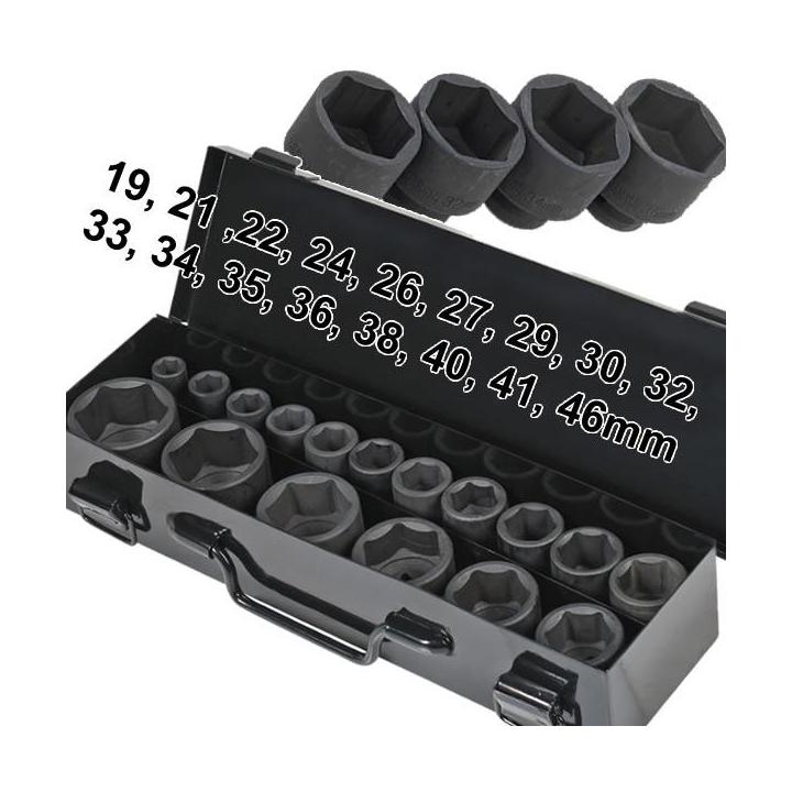 Juego de vasos de impacto cortos 1” DR – 6 caras, 8 piezas (27-50 mm) con maletín metálico