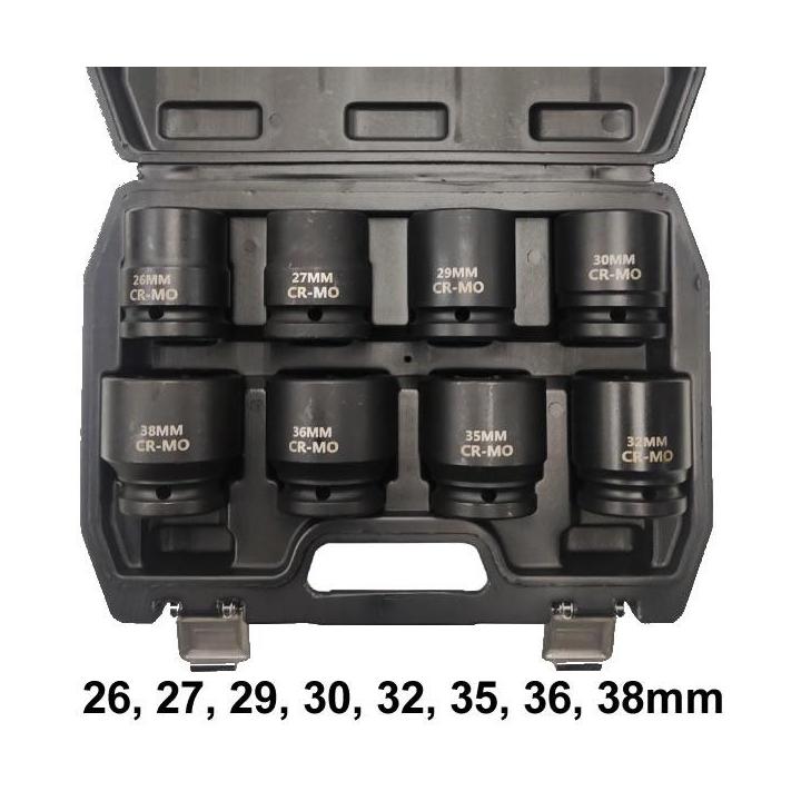Juego de vasos de impacto cortos 3/4” DR – 6 caras, 17 piezas (19-46 mm) con estuche metálico