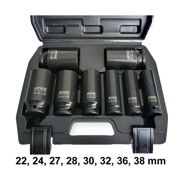 Juego de vasos de impacto cortos 3/4” DR – 6 caras, 8 piezas (26-38 mm) con maletín plástico