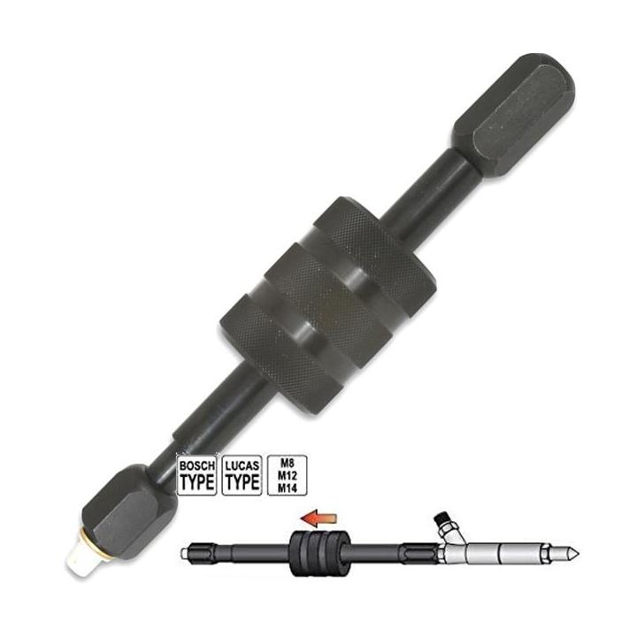 Extractor de inyectores diésel Bosch y Lucas con martillo deslizante y adaptadores M8-M12-M14