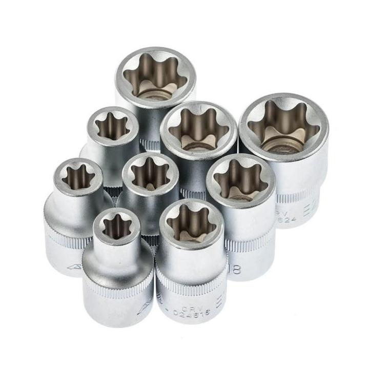 Juego de 9 vasos Torx cortos con inserción de cuadradillo 1/2"