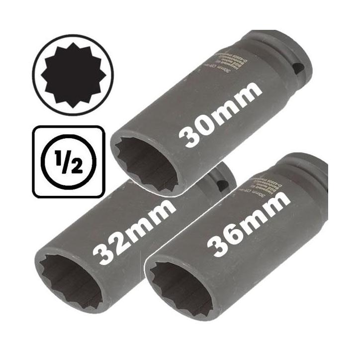 Juego de vasos de 12 caras para bujes 30 32 y 36 mm acero profesional