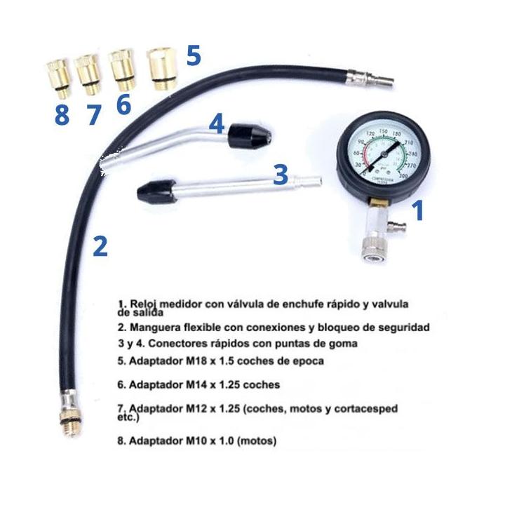 Compresímetro para motores de gasolina con adaptadores 0 a 20 bar