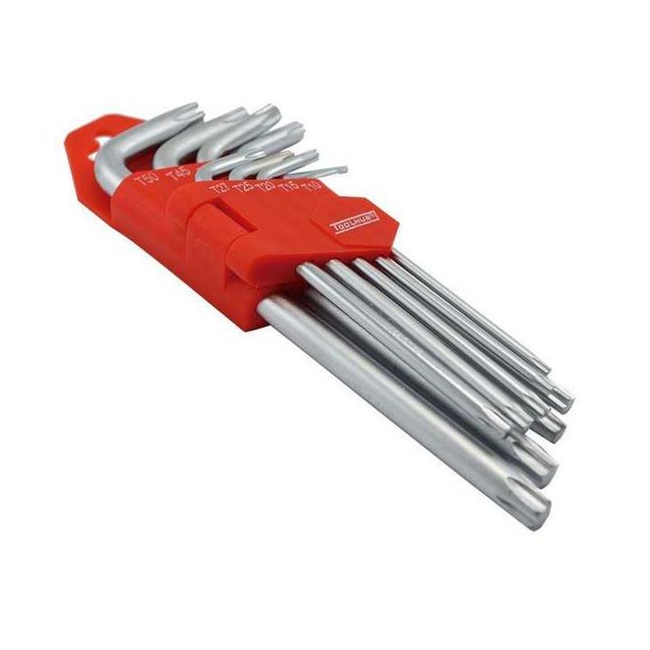 Juego de llaves Torx acodadas T10 a T50 de acero Cr-Va con regleta plegable