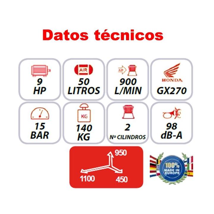 Moto compresor de aire a gasolina EOLO 9 Hp con calderín de 50 litros y motor Honda GX270