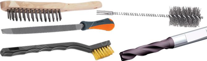 Cepillos de acero de varias medidas, limas y brocas